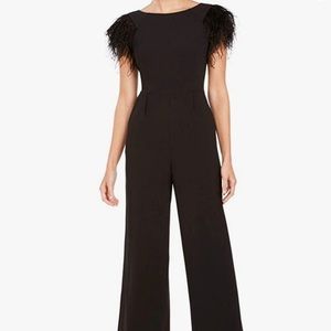 Calvin Klein Women's Round Neck Jumpsuit with Feather Trim at Sleeve